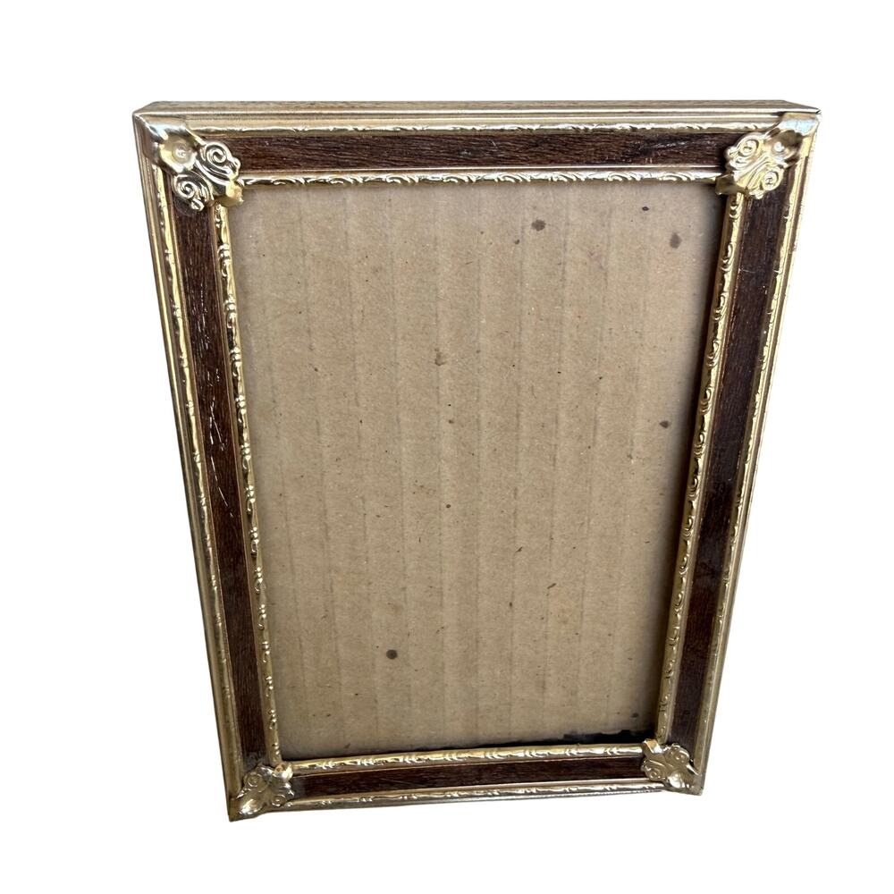 VINTAGE Picture Photo Frame 5x7” Brass Gold Tone Faux Wood Metal Ornate Standing